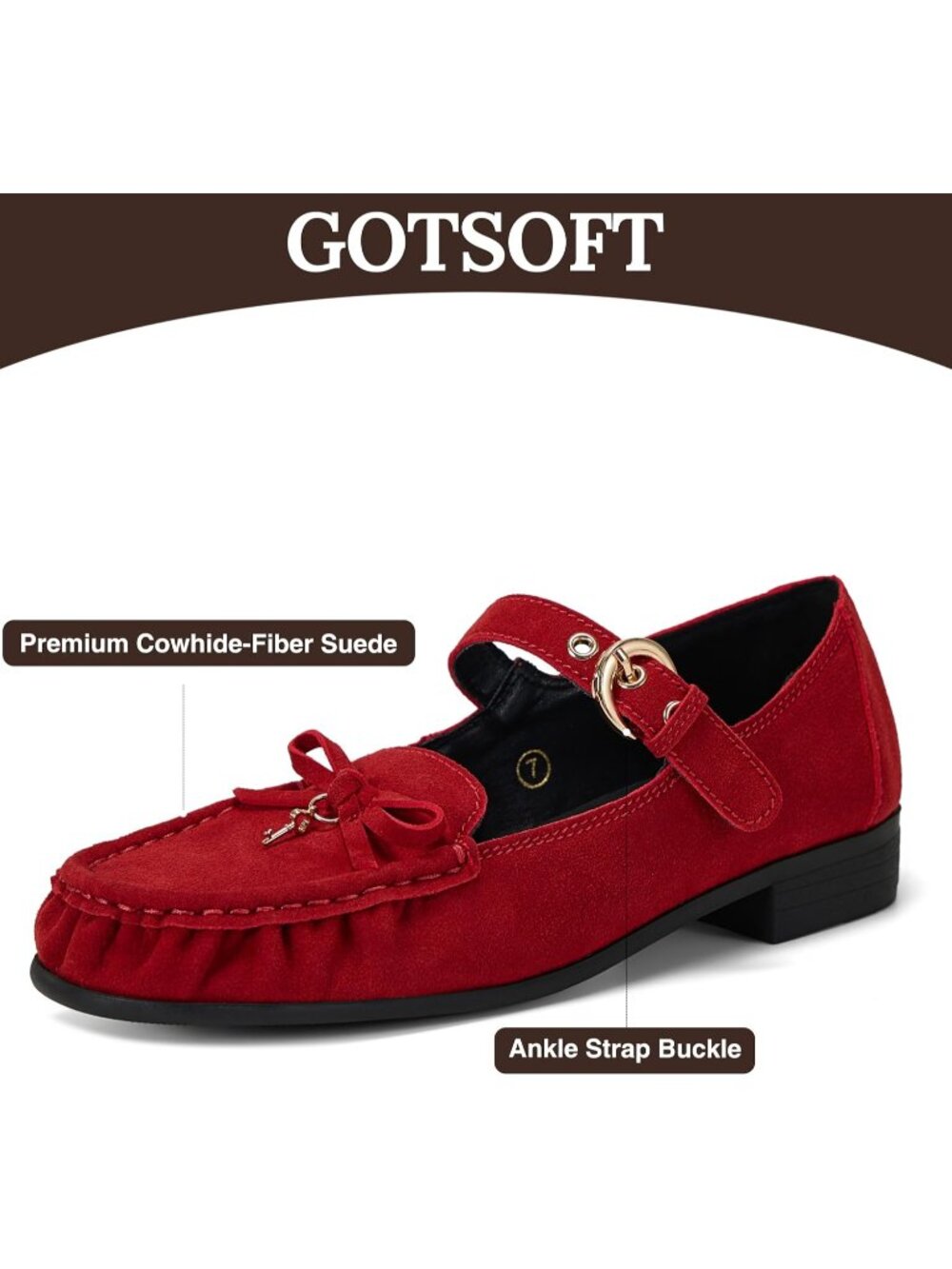 Women's Red Leather Loafers Bow Buckle Comfortable Classic Dress Work Shoes - Picture 4 of 7